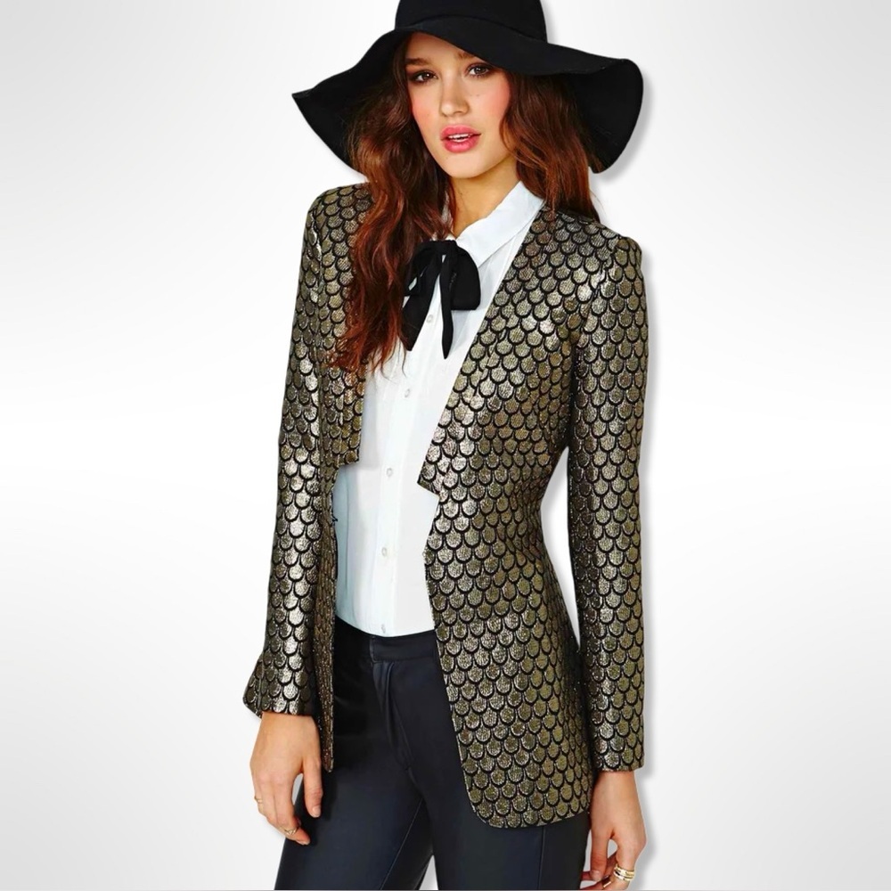 Ark & Co Black and Gold Metallic Mermaid Scale Open Front Blazer Size Medium